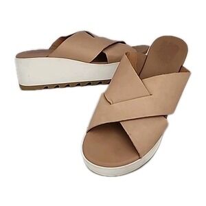 Sorel Cameron Sandal Beige Leather Slide Women's 9.5 Platform Chunky Wedge